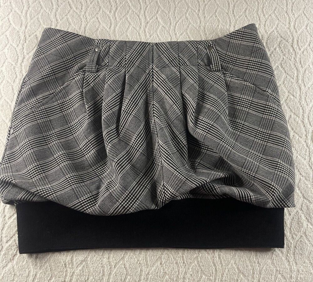 L.A.M.B. Sz 6 GREY HOUNDSTOOTH WOOL BOMBER MINI SKIRT Bubble Hem